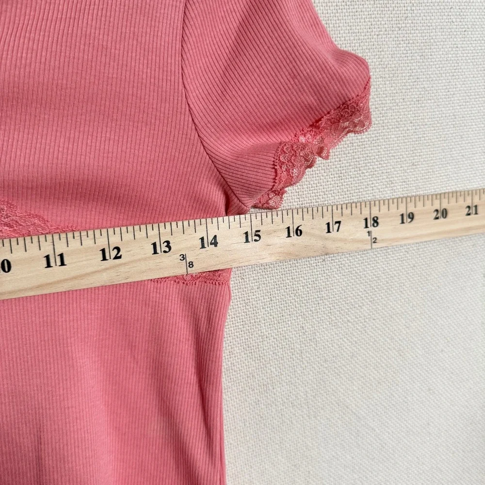 Full Tilt Girls Pink Ribbed Lace Trim V-Neck Short Sleeve Top Size XL NWT